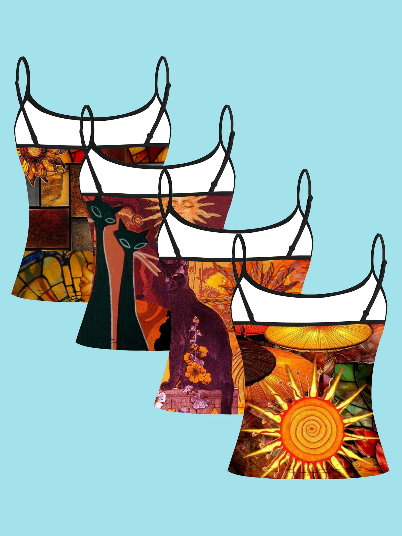 4-Piece Set of Vintage Sun and Black Cat Stained Glass Print Camisole Tops for Women, Warm Orange Bohemian Style Slim-Fit Spaghetti Strap Tops