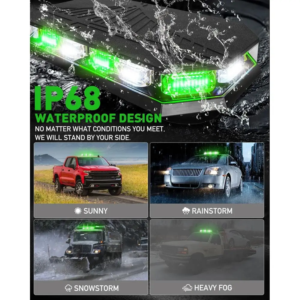 Not-Blitzlichtleiste, 102 LEDs, grün/weiß, Mini-Leuchtfeuer, Magnetfuß für 12–24 V-Fahrzeuge