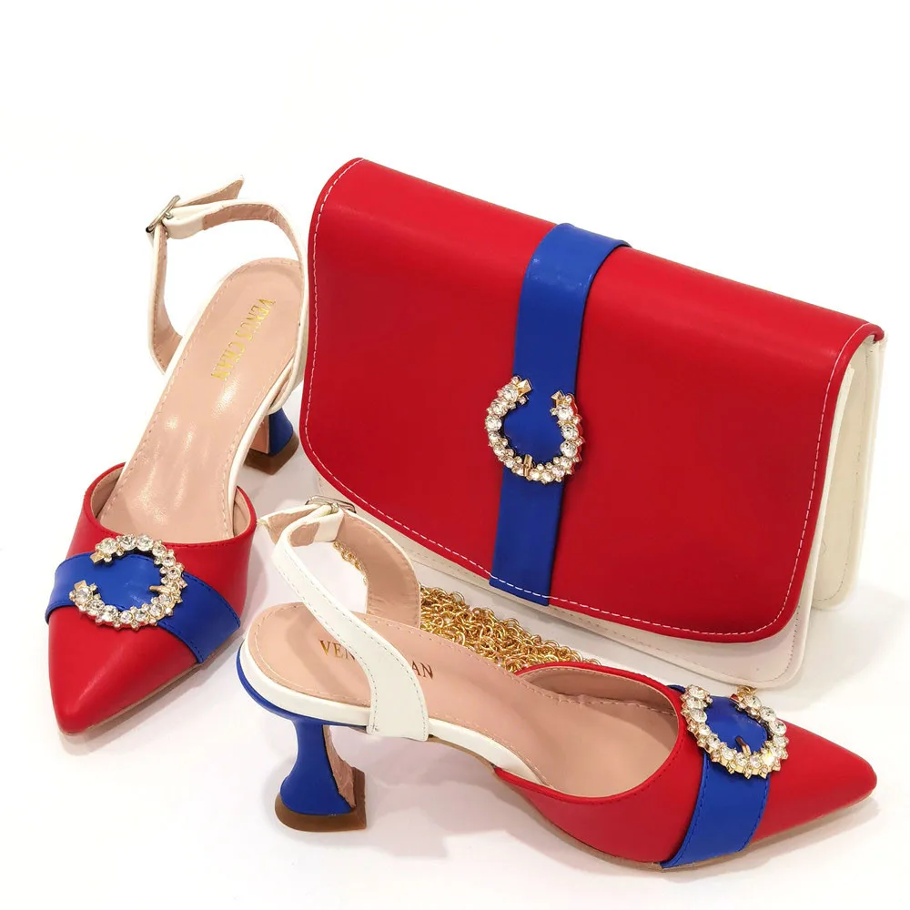 Latest Fashion Black + Red Color Beautiful Rhinestone Design Party Women's Shoes And Bag Collection
