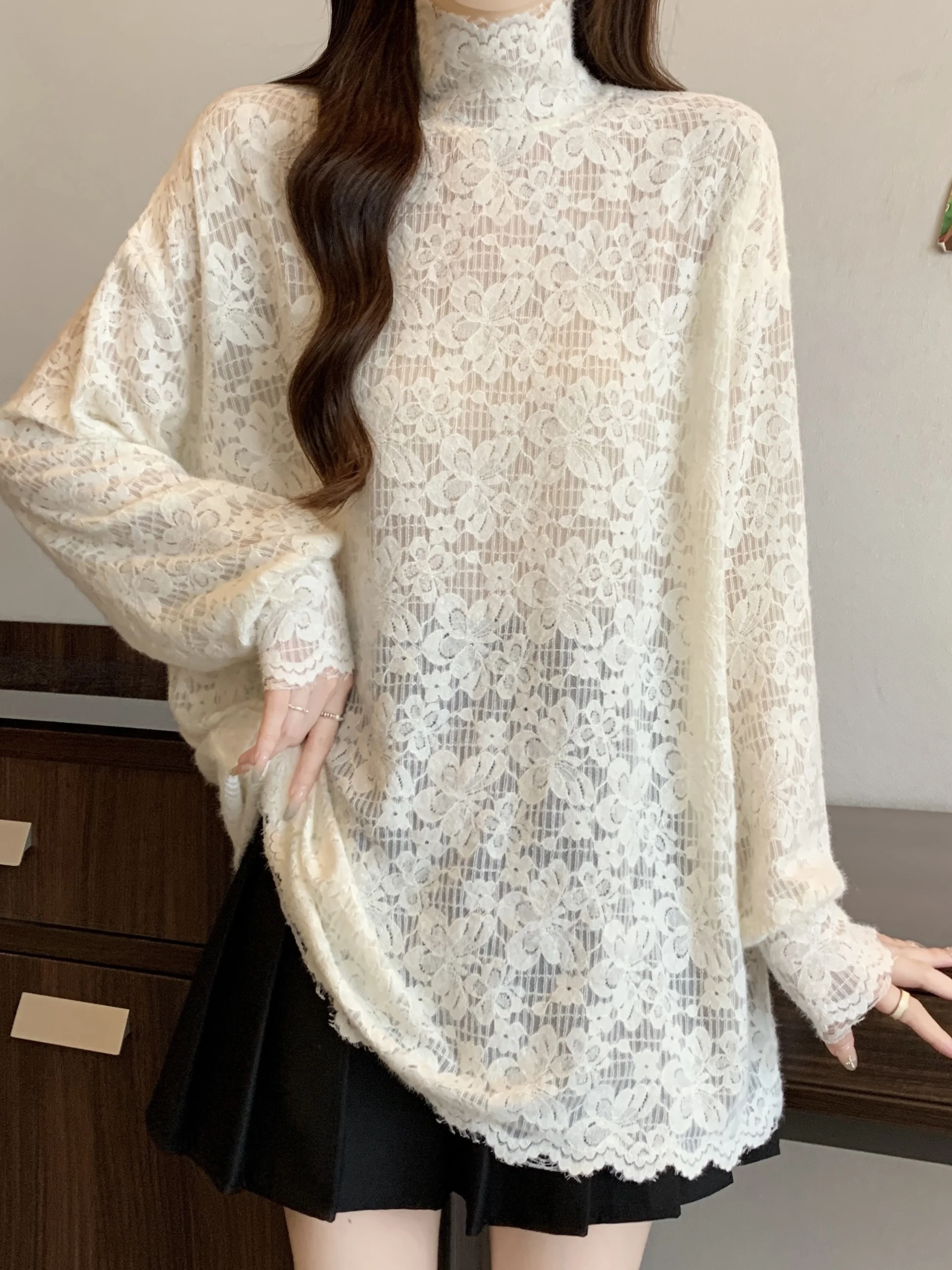 

Spring High Collar Loose Fit Lace T-irt Women's plus Size Base Layer Top Casual Long Sve Pure Color Overlap Wear