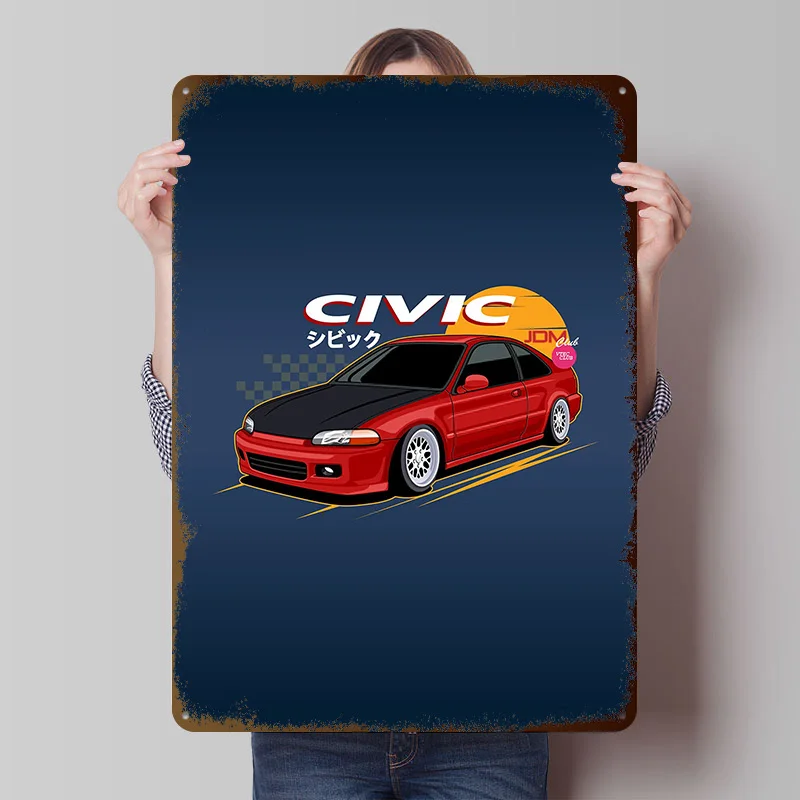 

Civic Cars JDM Club Металлический плакат Индивидуальное настенное искусство Ретро Винтаж Жесть Знаки для Человека Пещера Украшение игровой комнаты Уютный дом