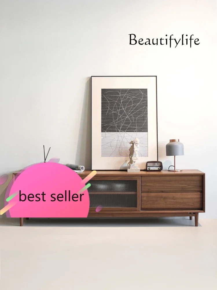 

N Nordic floor-to-ceiling black walnut solid wood TV cabinet, living room home simple glass locker integrated