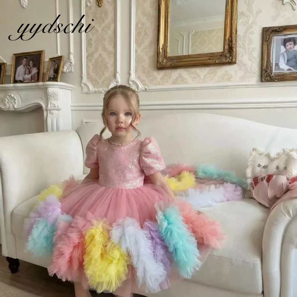 Customized Elegant New 2026 Rainbow Baby Girl Birthday Party Ball Gown Sweep Train O-neck Short Length Kids Pageant Dresses