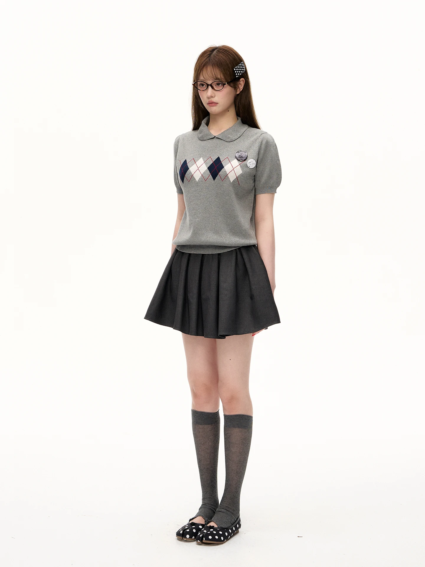 

Romance Nanci ort Sve Knitted Sweater for Women Diamond Pattern Doll Collar College Sle Top Soft Cotton Casual Wear