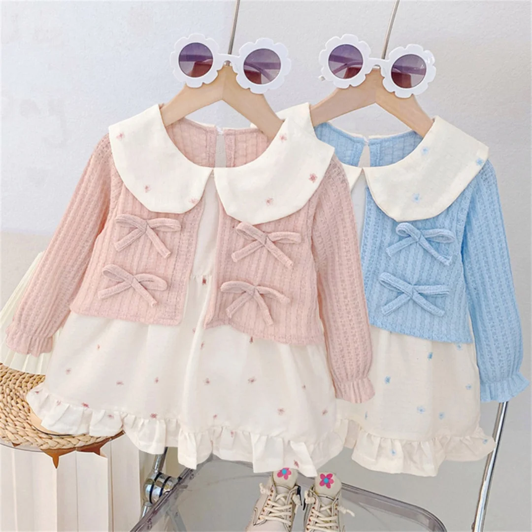 

2025 New Autumn Baby Girl One-piece Dress 1-4Y Kids Cute Bow Knot Outfit with Peter Pan Collar Kids Ruffle Hem Princess Dress