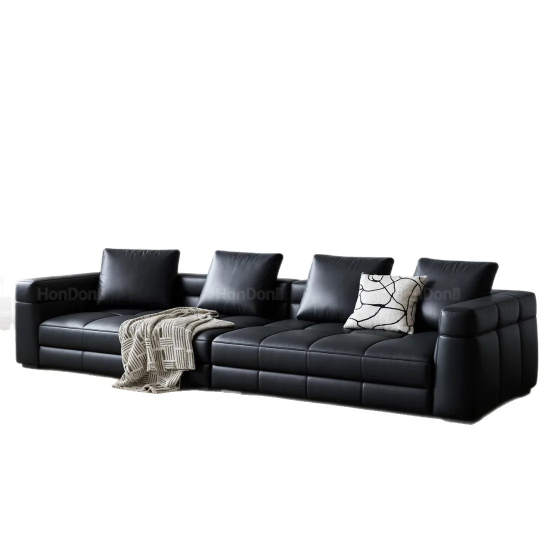

Shizengya Island full half green leather black high-end living room three or four people straight row leather sofa