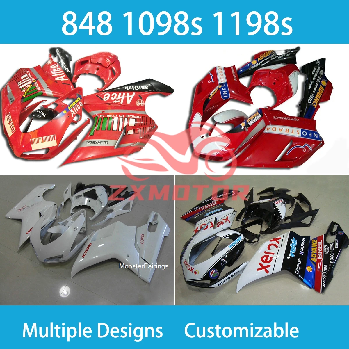 

Motorcycle Spare Parts Fairing Kit for Ducati 848 1098 1198 1098s 1198s Rebuild Bodywork Fairings ZXMT Injection Molding