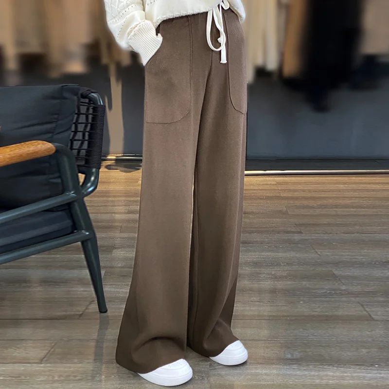 Autumn Winter 2023 New Fashion High Quality Wool Loose Knit Wide Leg Drop Straight Trousers Cashmere Woolen Elastic waist pants