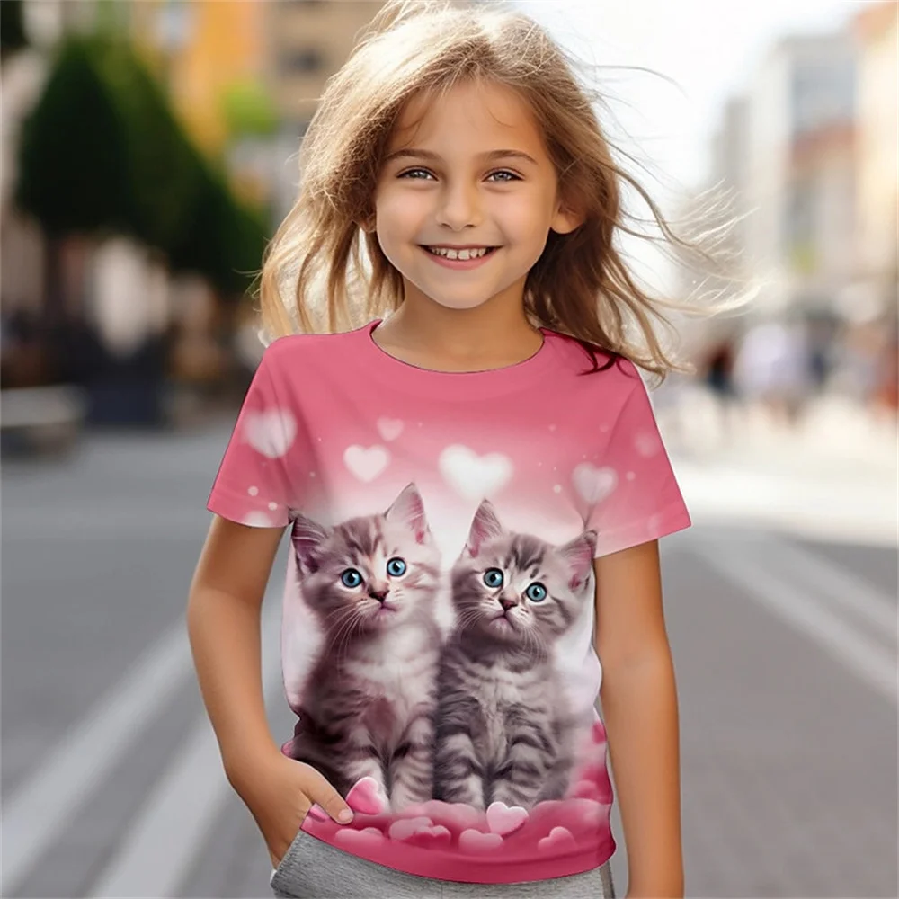 

Children's Clothing Girl T-Shirt Short Sleeve Cute Cat 3D Print Kids Summer Clothes Casual Cartoon Round Neck Girl Clothes Tops