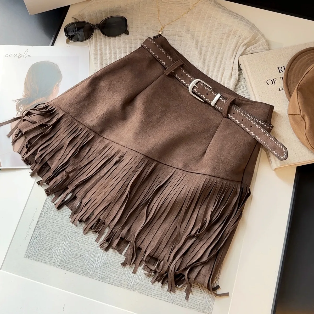 Tassel Suede Skirt Women Autumn New Design Sense Retro High Waist Spice Girl A-word Skirt