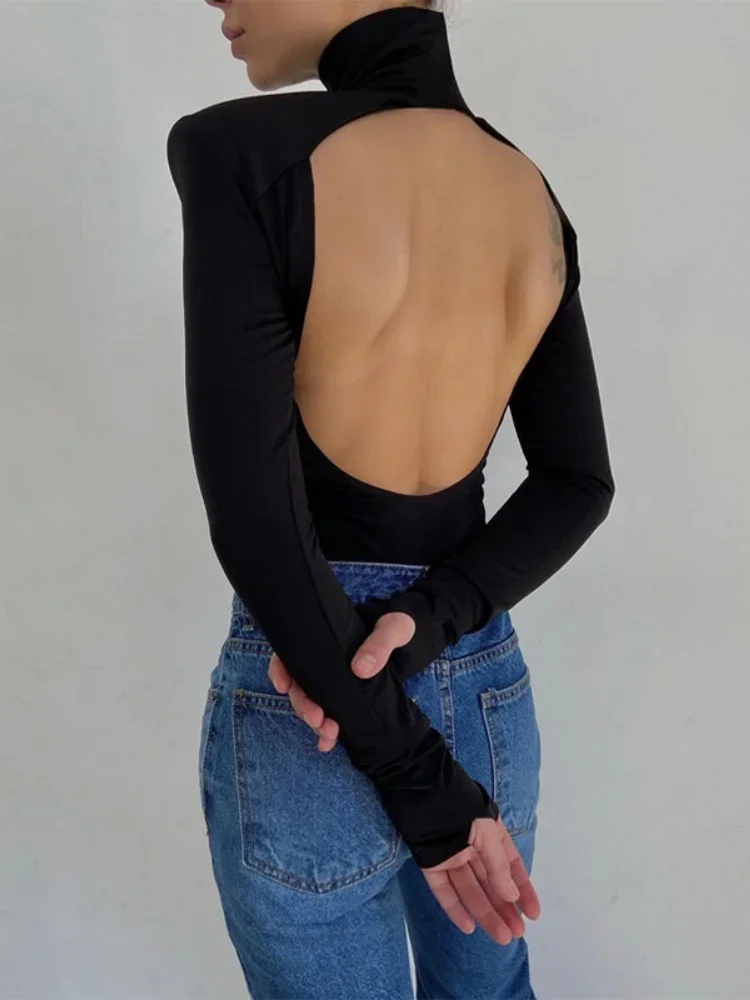 Solid Color Bodysuit Lingerie Sexy Body Feminino Turtleneck One-Pieces Lenceria Femenina Long Sleeve Backless Tops For Women