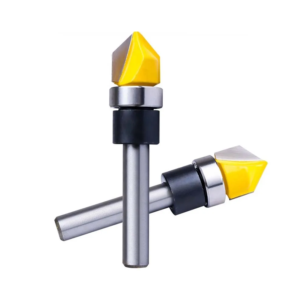 1/4 Shank Bearing V Groove Carbide Router Bit for Composite Boards Solid Wood and Plastic Trimming 56mm Round Shaft