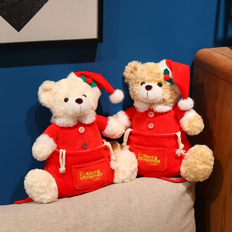 32cm Pluszowa Torba do Przechowywania w Kształcie Misia, Zabawka Pluszowa, Poduszka Świętego Mikołaja, Miękka Wypchana Maskotka, Uroczy Pluszak Festiwalowy, Prezent Świąteczny, Dekoracja Domu na Boże Narodzenie