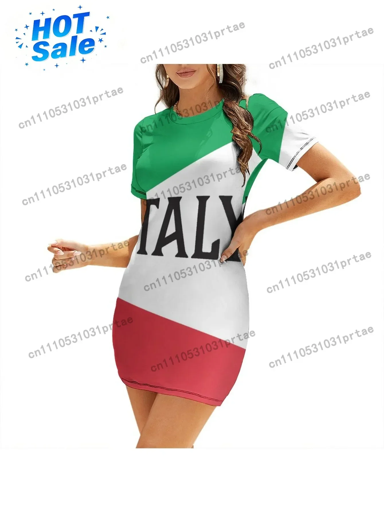 Women's Italian Flag & Lettering Bodycon Mini Dress - Strapless Short Sleeve Smock Dress with Ruffled Hem, High Elasticity Slim