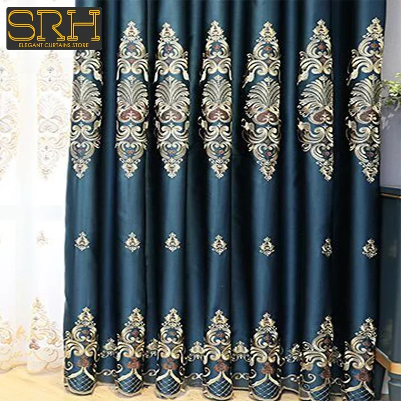 European Luxury Blackout Curtains for Living Room Bedroom High-end High-precision Window Decor Custom Blue Embroidered Tulle