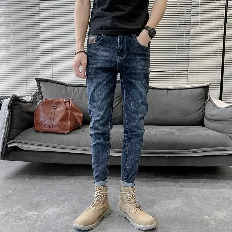 Men's Jeans Stretch Cropped Punk Trousers Elastic Man Cowboy Pants Summer Aesthetic Cotton 90s Streetwear Classic Korean Style