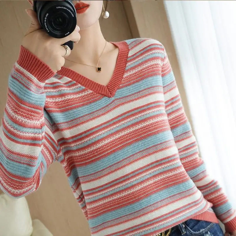 Autumn Winter Elegant Fashion Rainbow Knitting Tops Women All Match Casual Knitwear Long Sleeve Stripe Sweaters Thick Pullover