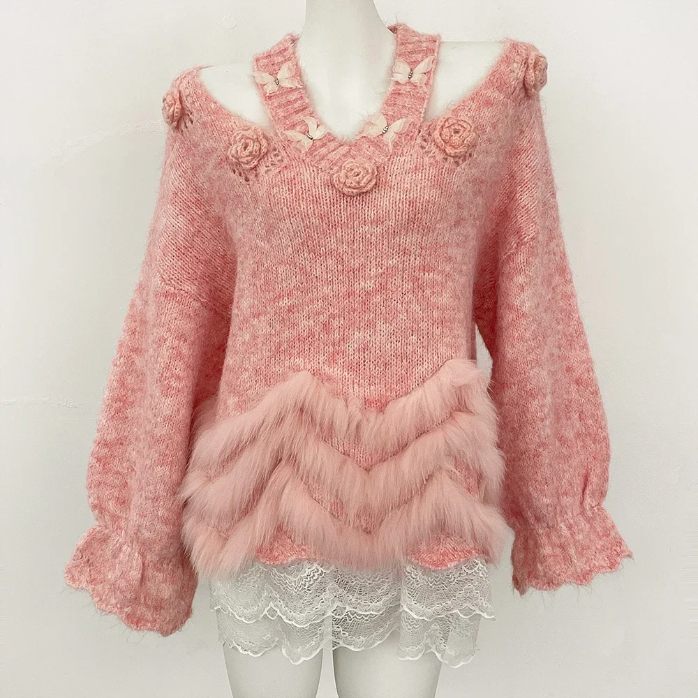 Luxury Cozy Women's Sweater Knitted Fur Collar Knitwear Oversized Sweater Autumn Winter Korean Style Women's Luxury Knit Sweater