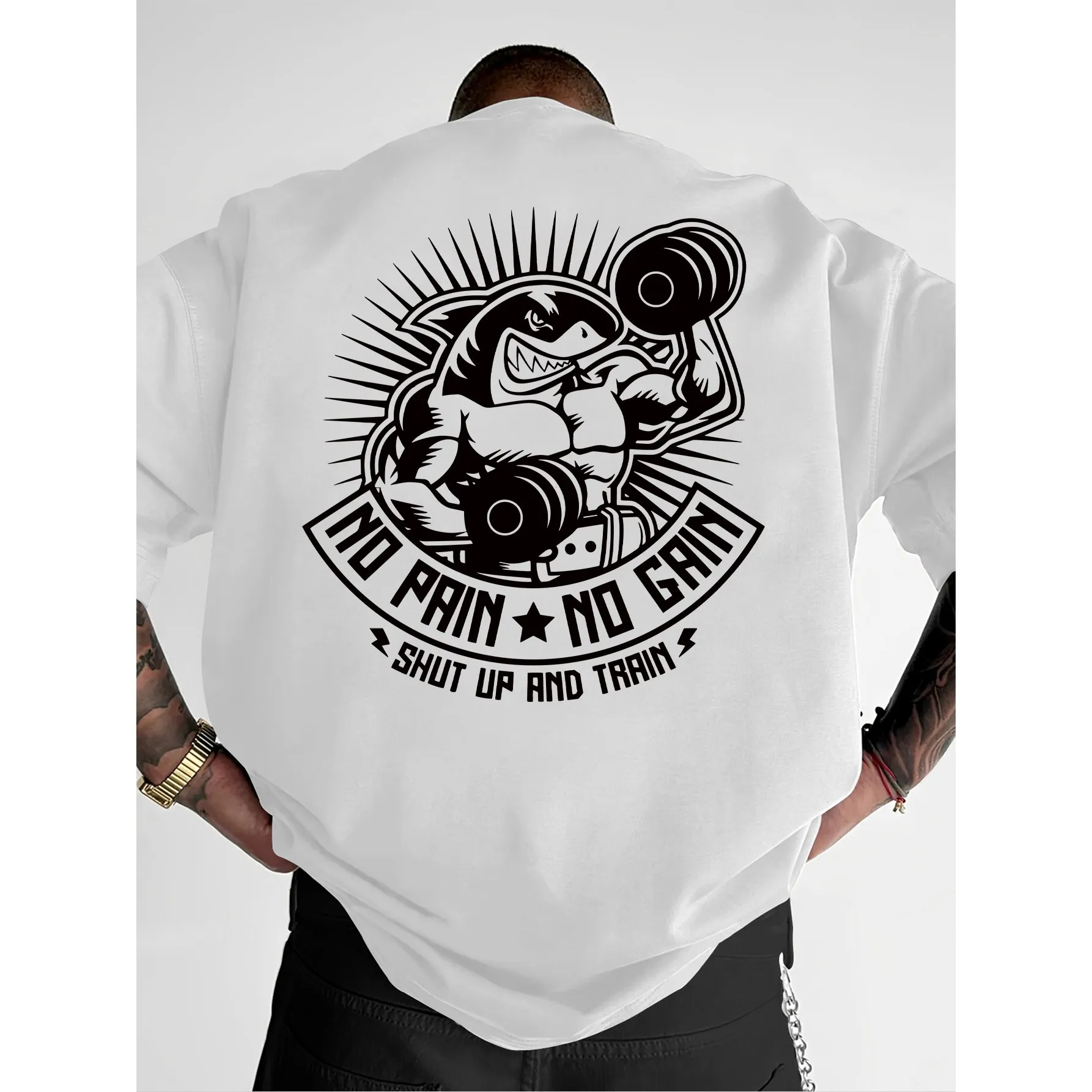 Muscular Shark Lifting Dumbbell Graphic Tee for Men, Casual Round Neck Cotton T-Shirt