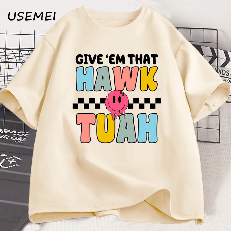 Give Em HAWK TUAH PNG Viral Adult Humor T-shirt Men Women Funny 4th July Retro America Tshirt Cotton Round Neck Graphc Tees