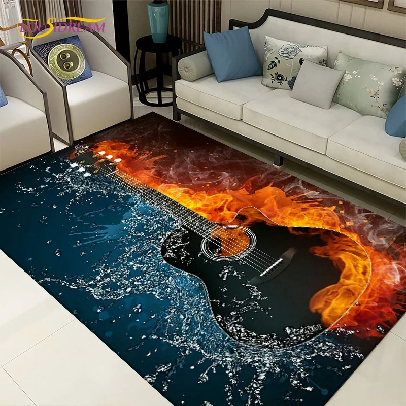 3d Creative Water and Fire Guitar Area Rug,Rugs Carpets for Living Room Bedroom Decoration,Kitchen Bathroom Non-slip Floor Mats