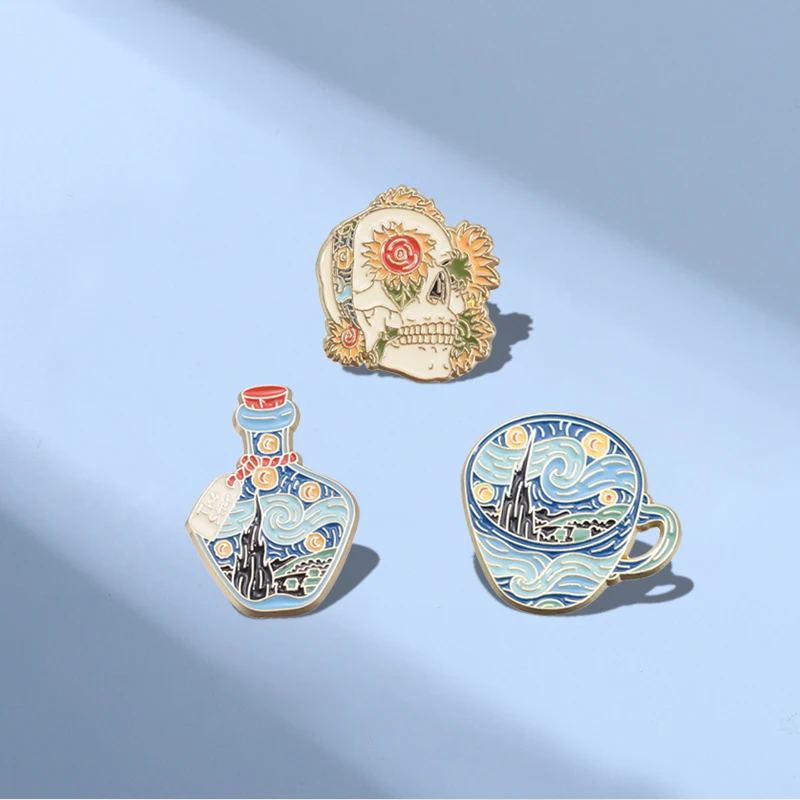 Van Gogh Starry Sky Oil Painting Enamel Pins Custom Sunflower Famous Painter Brooches Lapel Badges Funny Jewelry Gift for Friend