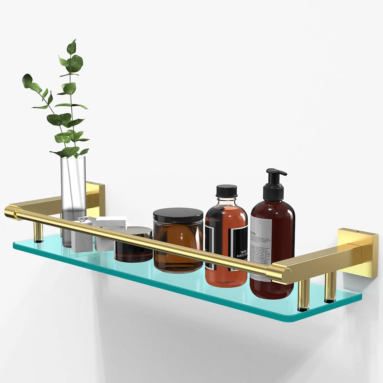 

Glass Shelf for Bathroom, 20 Inch Tempered Glass with Brushed Gold Stainless Steel Railing, Floating Glass Shelves Sink Over Toi