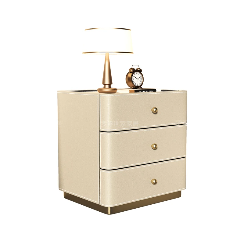 Light luxury bedside table, three-bucket , saddle leather, large flat-level bedroom, modern simple high-end high-end beds cabine