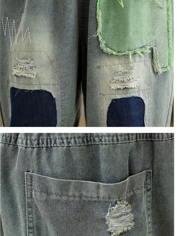 Jeans bordados de grandes dimensões para mulheres, cintura alta elástica, calça casual feminina, jeans plissado solto, moda verão