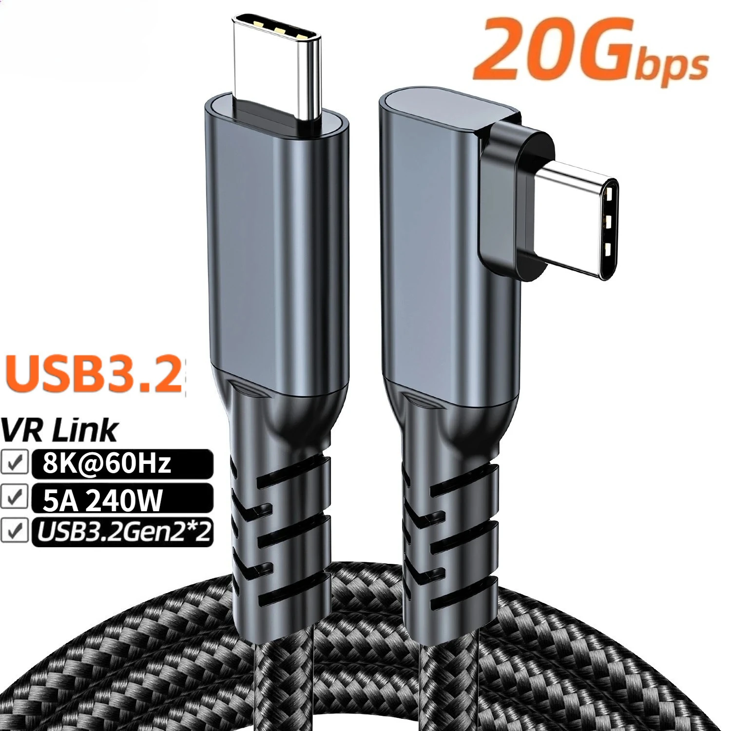 

1M 2M 3M USB3.2 Gen2 20 Гбит/с USB C к Type-C 5A 240 Вт Колено для быстрой зарядки 8K при 60 Гц UHD Передача данных для Oculus Quest 2 VR Link Кабель