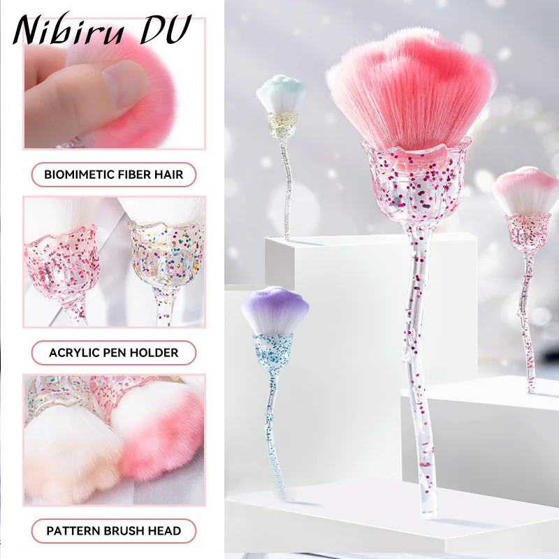 Acrílico glitter lidar com rosa escova de limpeza de unhas profissional macio cabelo escova de remoção de poeira gel polonês em pó ferramentas de limpeza de unhas