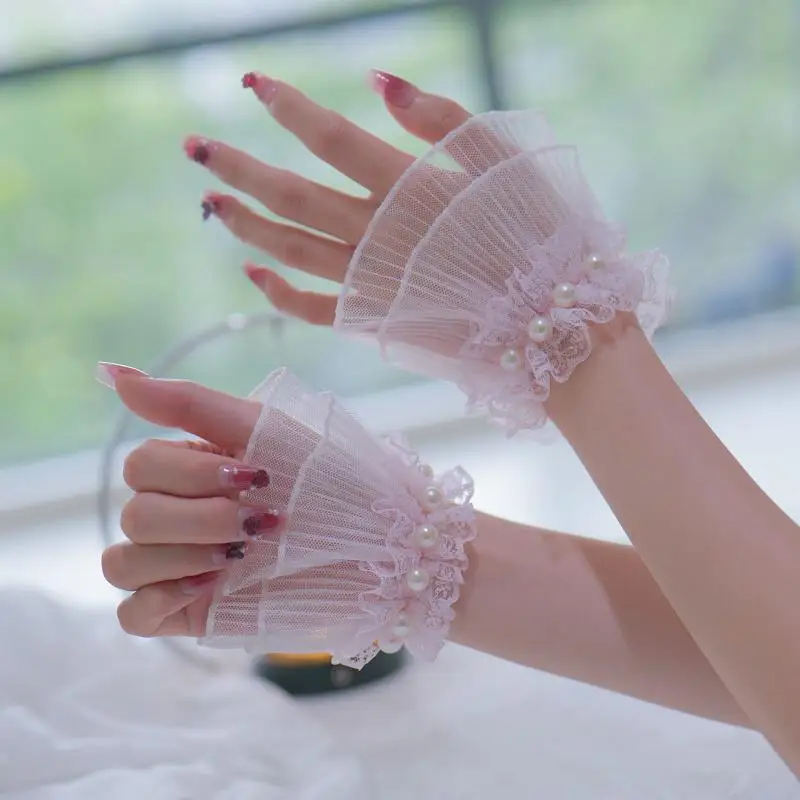 

1Pair Manicure Photo Lace Pearl Glove Fake Pleated Cuff Manicure Photography Props Nail Tips Display Sleeve Fashion Accessories