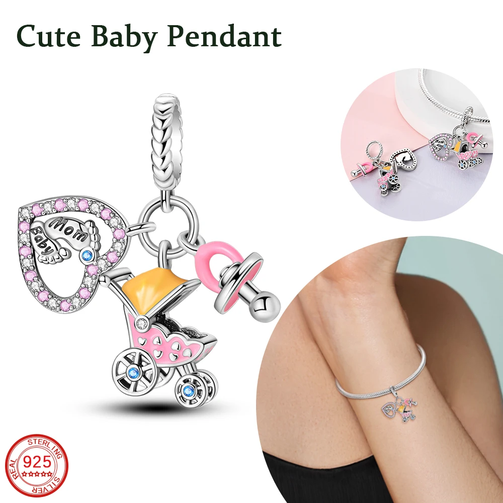 

New Cute 925 Sterling Silver Pink Baby Stroller Pacifier Foot Pendant Fit DIY Bracelet And Necklace Pendant Jewelry Accessories