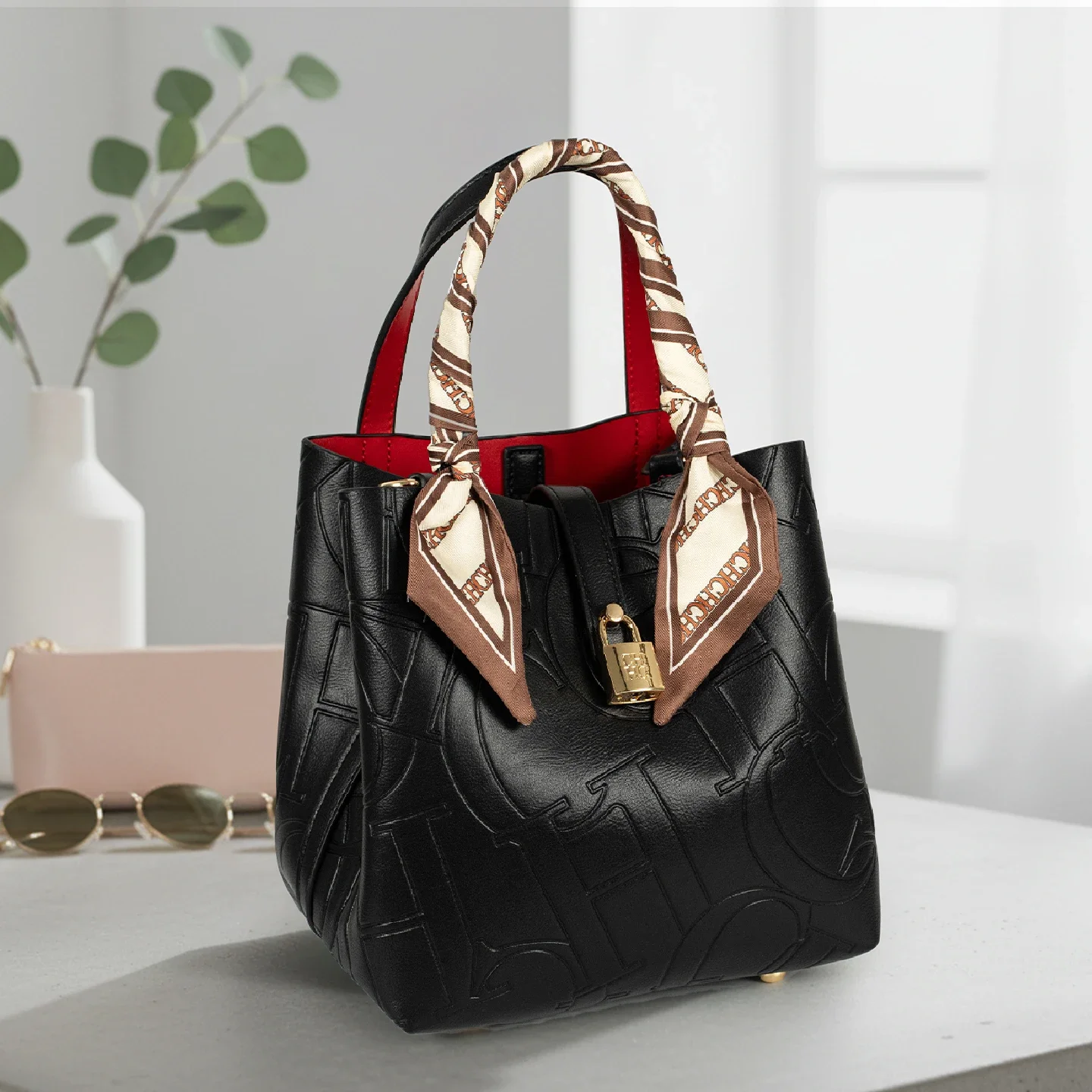 

Women Luxury Handbag Pu Leather Scarf Decor Top Handle Crossbody Purse Style Embossed Bucket Bag