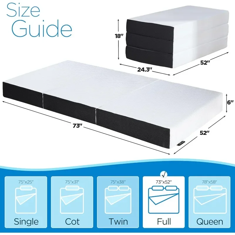 Mattress Topper, 6 Inch Memory Foam, Full Size, Tri-fold, Ventilated, Conform Ergonomics, Soft, Portable, Floor Guest Bed