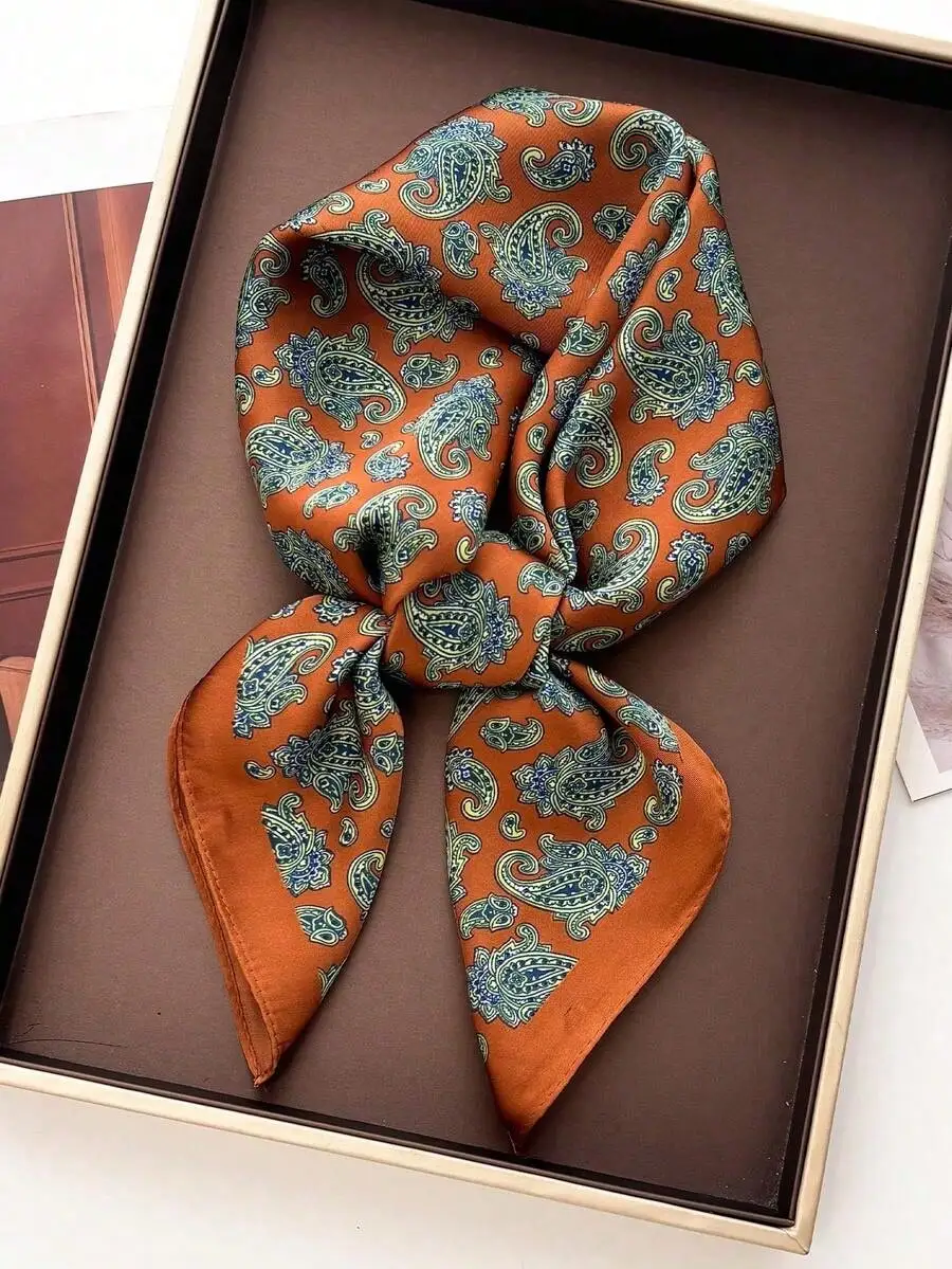 

1pc Faux Silk Paisley Print 70cm Small Square Scarf, New Spring/Summer Fashion Bandana, Versatile Waist Tie, Hair Accessory, Headband, Stylish Neckerchief For Dress