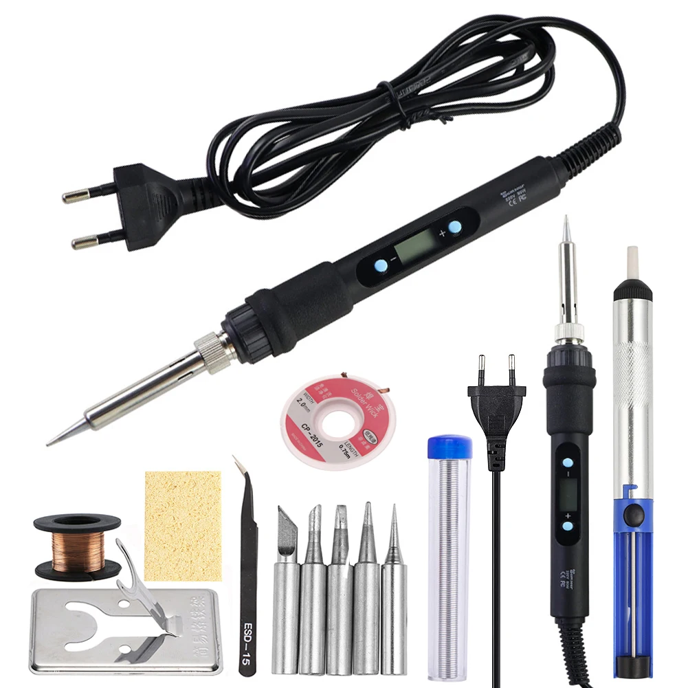 Electric Soldering Iron 80W Adjustable Temperature LCD Welding Tool Ceramic Heater Soldering Iron Head Desoldering Pump Set