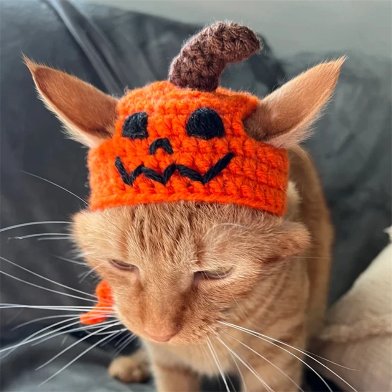 Halloween cosplay costume Pumpkin pattern Pet cat hat Green leaf decoration Cute Creative decoration cosplay costume cat hat