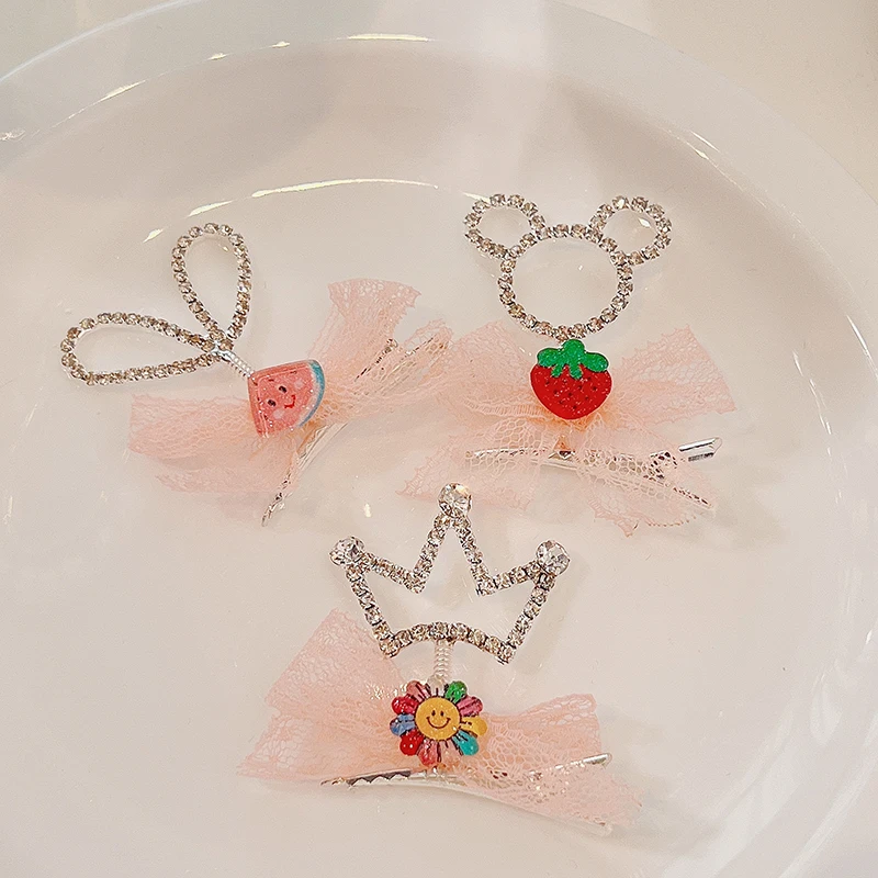 2022 New Girls Cute Shiny Rhinestones Crown Cartoon Ornament Hair Clips Children Sweet Bow Hairpins Kids Hair Accessories