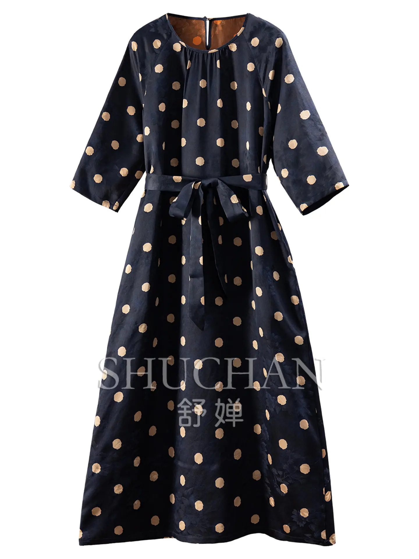 Polka Dot Dresses 100% Natural Silk Red Yunsha Polka Dot Waist Retro Maxi Dress Women new E053