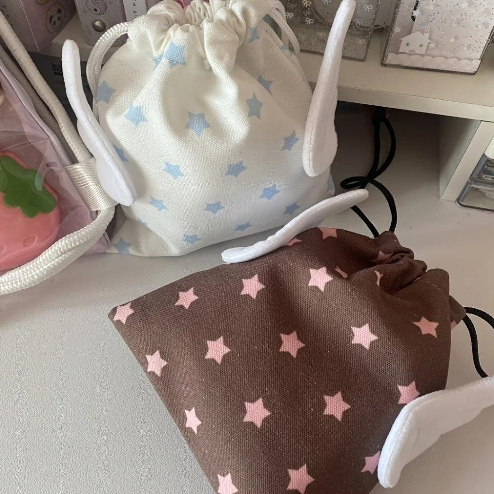 Y2K Canvas Drawstring Makeup Bag Portable Dustproof Small Organizer Rope Star Pattern Cosmetics Bag Stationery Storage view 5