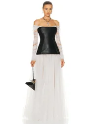 Women Luxury Sexy Off Shoulder Mesh Leather Patchwork Pleated Maxi Long Gowns Dress Elegant Celebrity Evening Party Club Dress