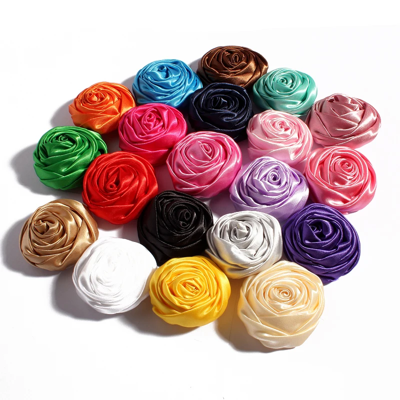 120pcs/lot 5cm 20colors Newborn Handmade Rolled Soft Satin Rose Flowers Artifcial Solid DIY Fabric Flowers For Kids Headbands