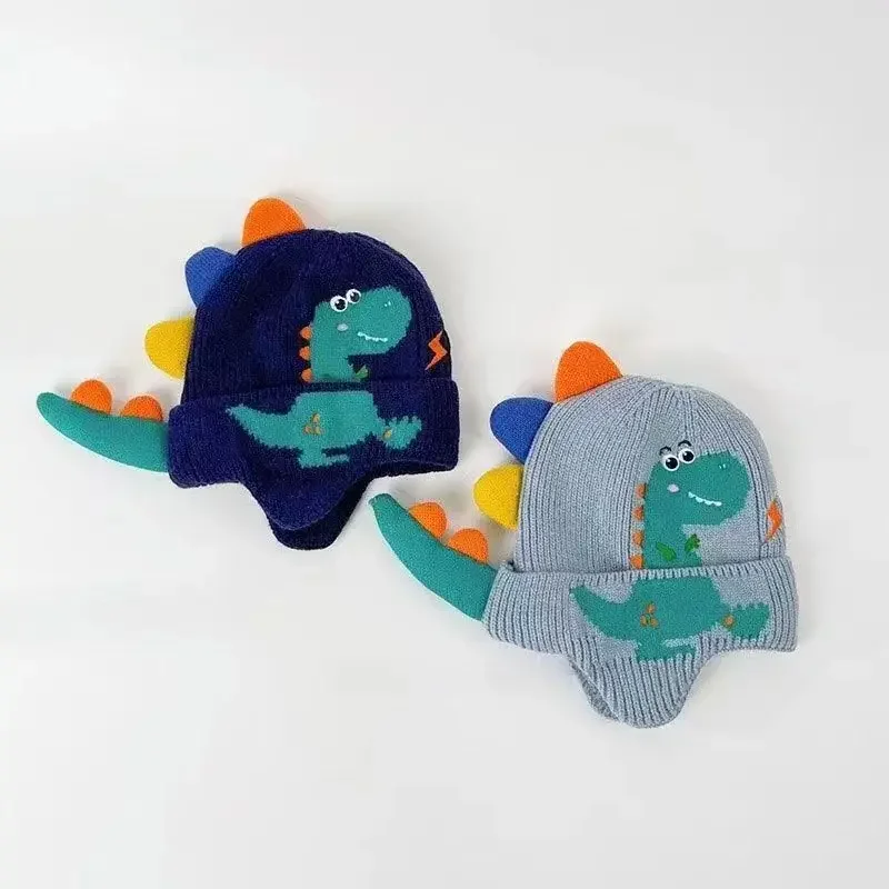 New Cartoon Dinosaur Baby Boy Hat Winter Baby Hat Warm Knit Boy Cap Kids Bonnets Hat Children Head Cover Windproof Ear-cap