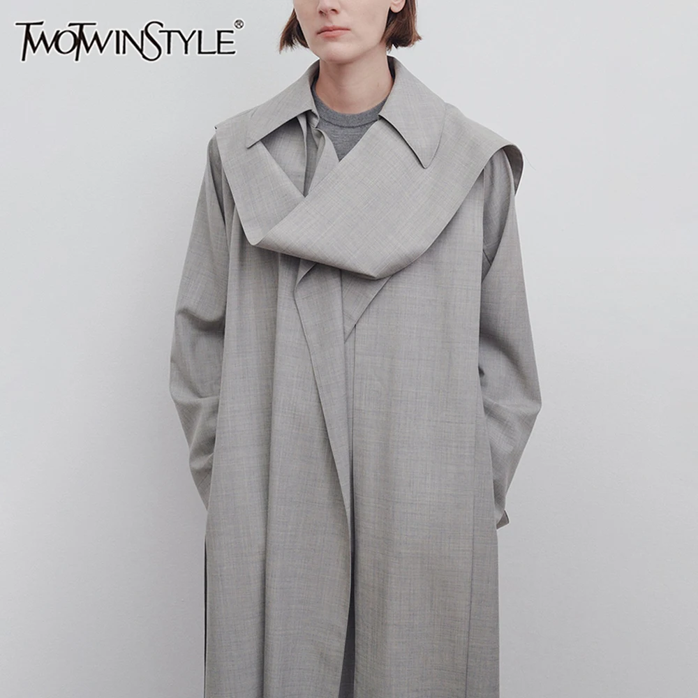 TWOTWINSTYLE Solid Patchwork Lace Up Designer Coat For Women Lapel Long Sleeve Spliced Pocket Detachable Long Coats Female New