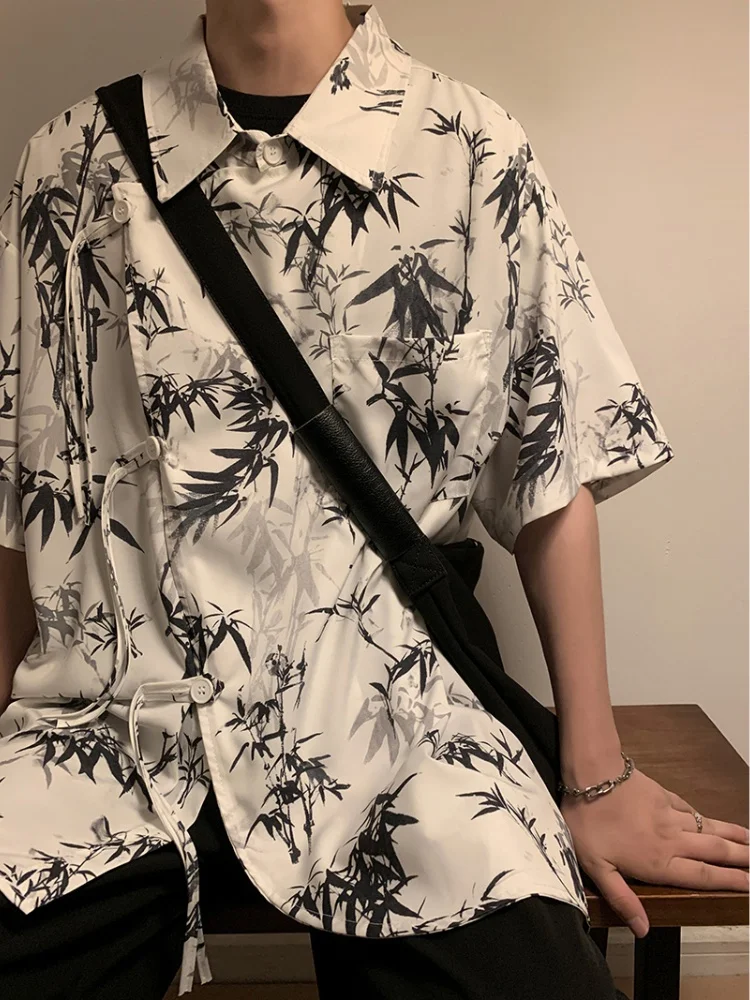

Мужская летняя рубашка из ледяного шелка с бамбуковым принтом, на пуговицах, в китайском стиле, свободного кроя, молодежная, тонкая модель, новинка