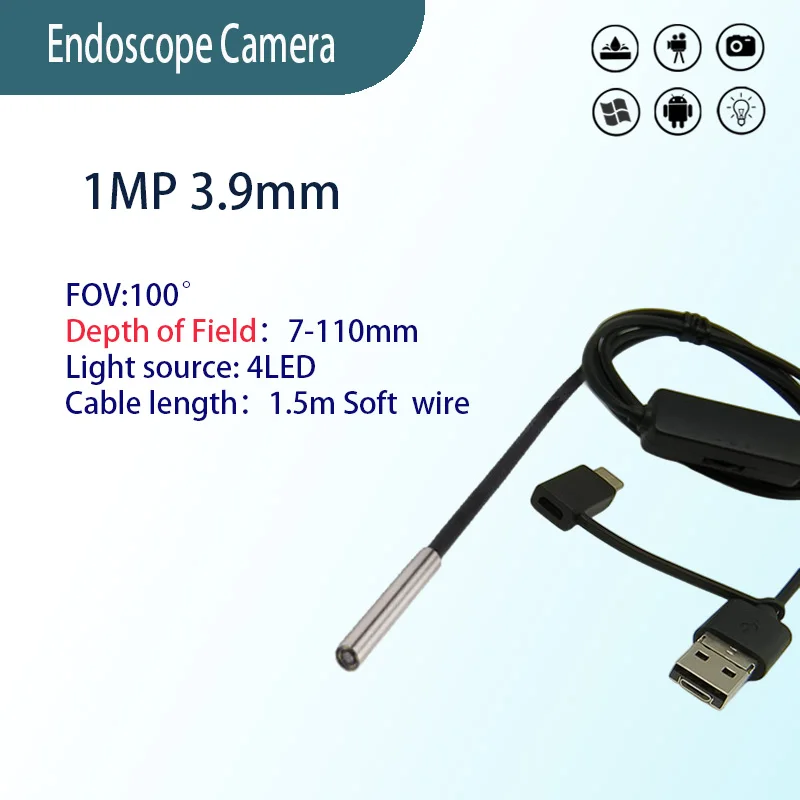 

1MP 3.9mm FOV100° wide angle industrial endoscope probe for car repair 1.5m USB type-c 3-in-1Soft wire endoscope camara