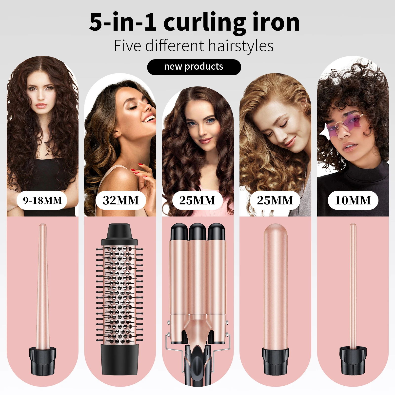 YAWEEN 5-in-1 Curling Iron Set, Instant Heating Curling Iron With Curling Brush, Replaceable Ceramic Iron