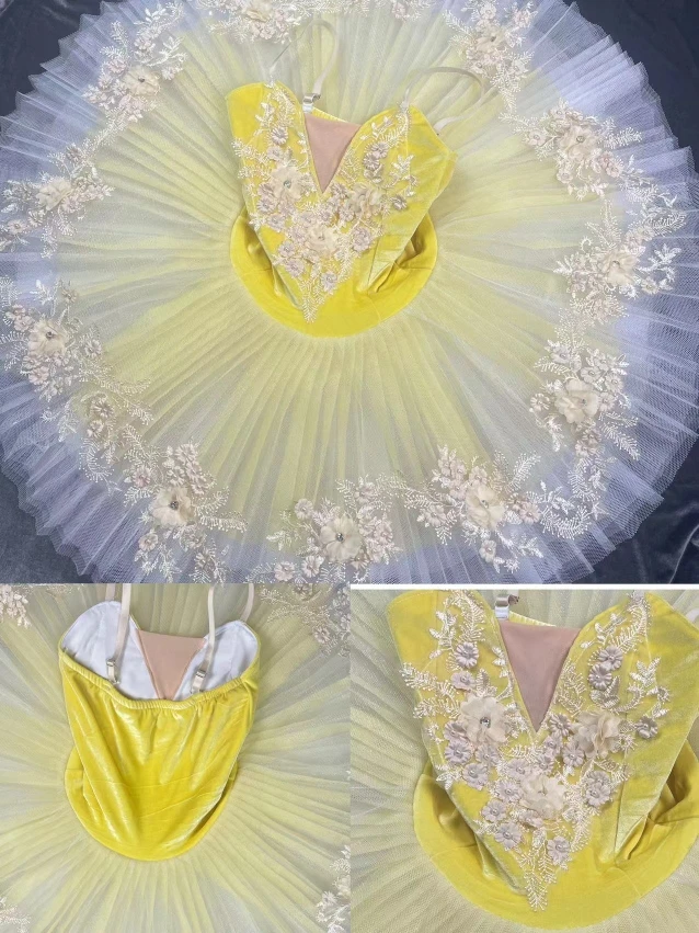 Professional Children Ballet Dress Yellow Flower Platter Female Tutu Swan Lake Dance Performance Costumes Ballerina Party Dress