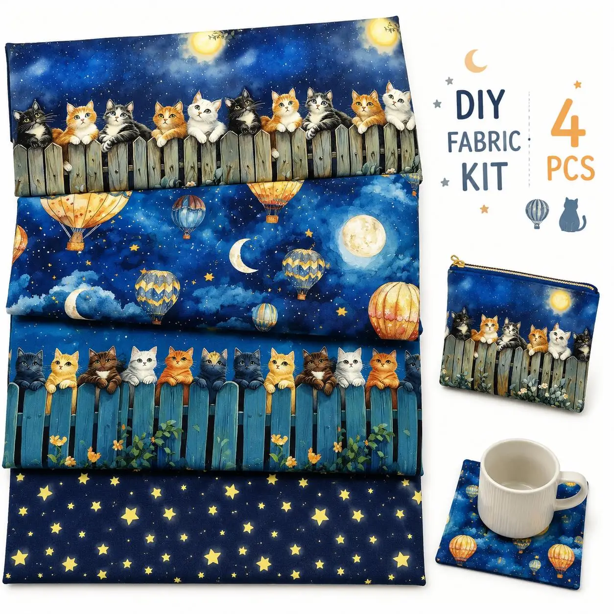 Pre-cut 4pcs/Set 7.87x7.87inch Cat Flower With Moon Star Fat Quarter Bundles 100% Polyester Craft Fabric Pre-Cut Squares Sheets
